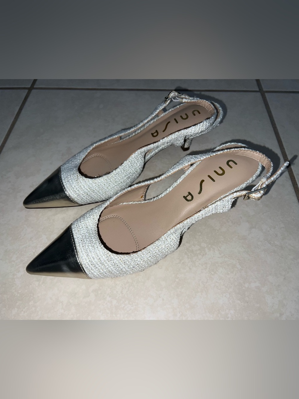 Unisa Ivory Tweed Slingback Pumps with Metallic Silver Cap Toe